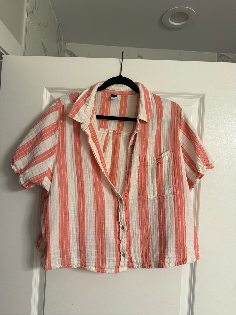 Old Navy Coral and White Striped Crop Button-Up